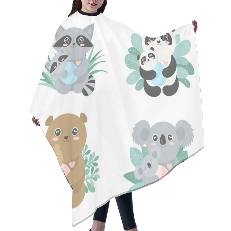 Personality  Set Of Vector Cute Animal Moms With Babies In The Bushes. Hair Cutting Cape