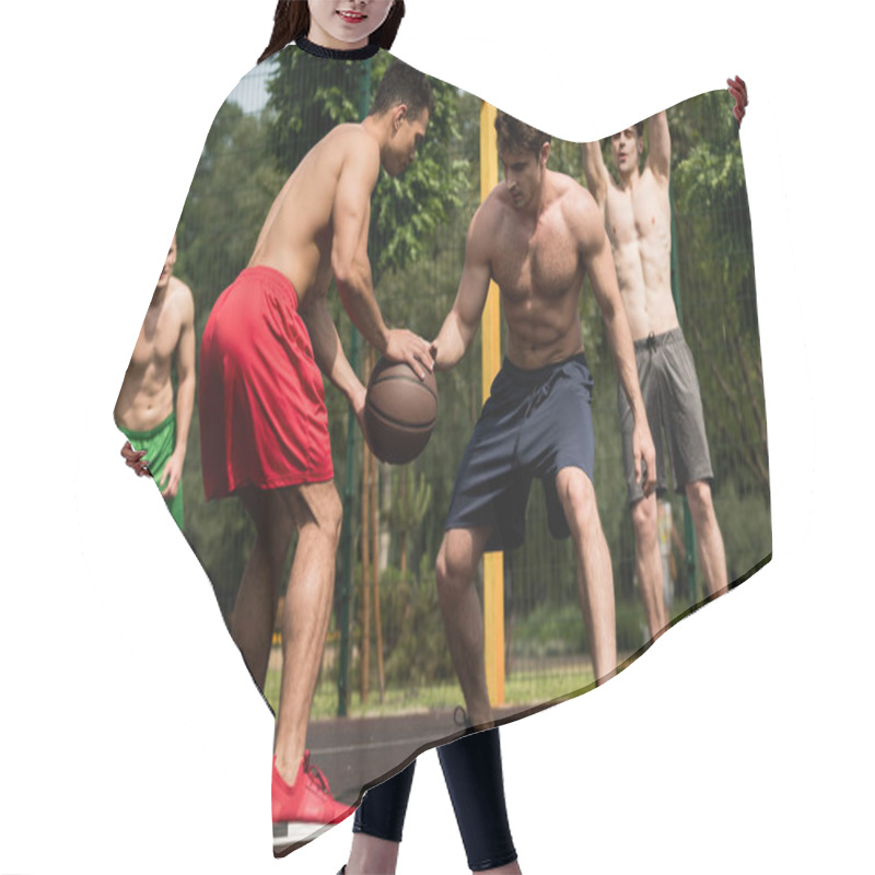 Personality  Shirtless Sportsmen Playing Basketball At Basketball Court In Sunny Day Hair Cutting Cape