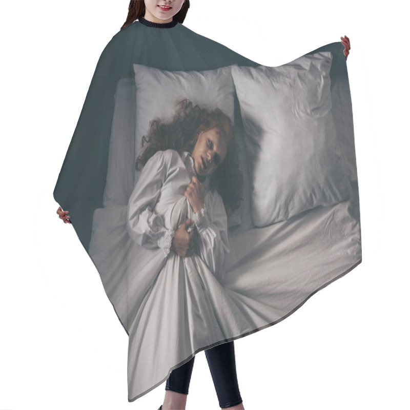 Personality  Top View Of Paranormal Gothic Girl In Nightgown Lying In Bed Hair Cutting Cape