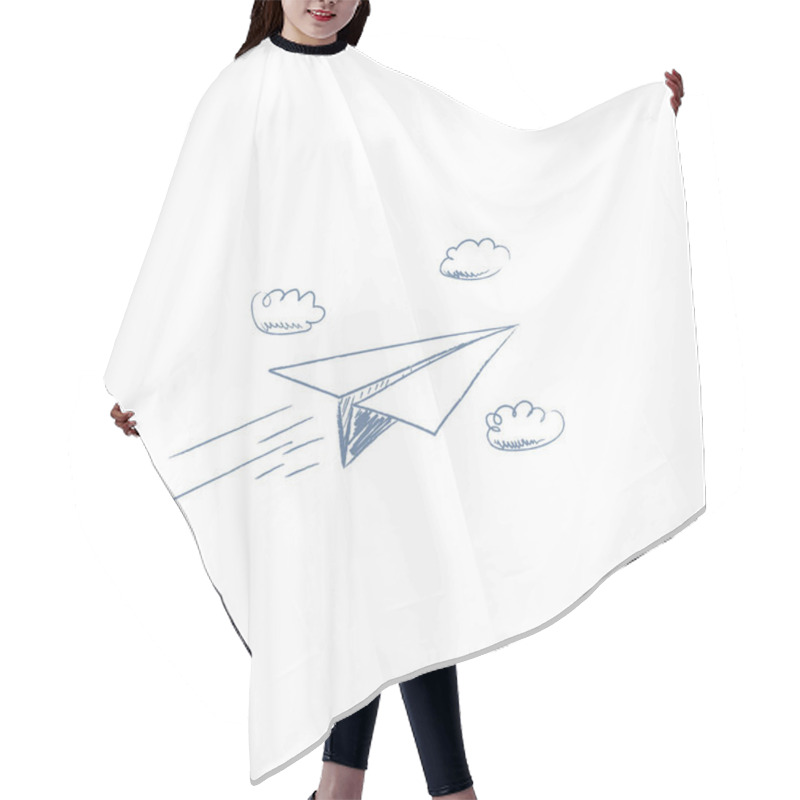 Personality  Hand Drawn Sketch Of Paper Plane Flying Between Clouds. Pencil Cartoon For Business Concept Of Freedom, Challenge Or Summer Travel. Hair Cutting Cape