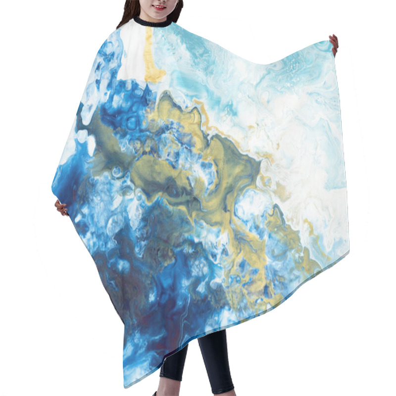 Personality  Blue And Gold Creative Abstract Hand Painted Background, Marble Texture, Fragment Of Acrylic Painting On Canvas With Brush Strokes. Modern Art. Contemporary Art. Hair Cutting Cape