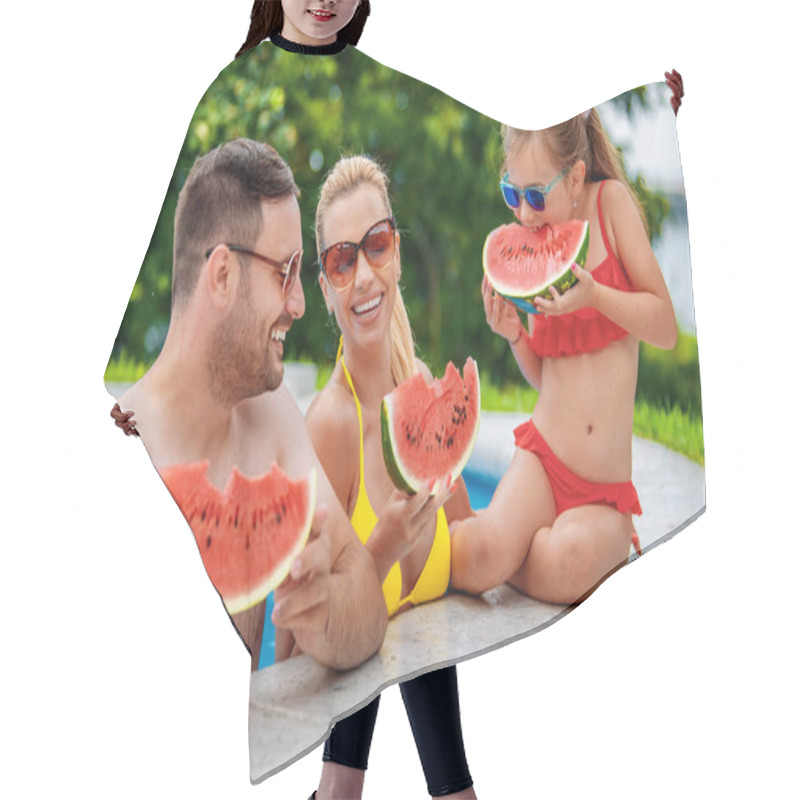 Personality  Happy Young Family In Swimming Pool On Summer Day Hair Cutting Cape