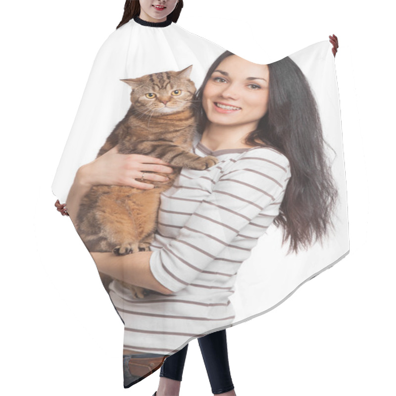 Personality  Beautiful Smiling Brunette Girl And Her Ginger Cat Over White Ba Hair Cutting Cape