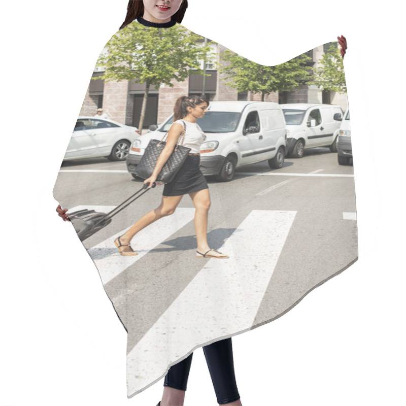 Personality  Business Woman Crossing The Street With Luggage. Hair Cutting Cape