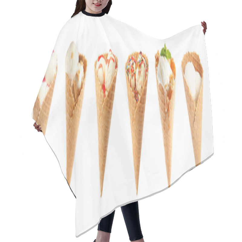 Personality  Set Of Different Ice Creams In Wafer Cones On White Background. Banner Design Hair Cutting Cape