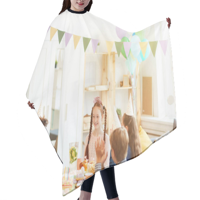 Personality  Portrait Of Happy Red Haired Girl Celebrating Birthday  Party Sitting At Table With Friends, Copy Space Hair Cutting Cape