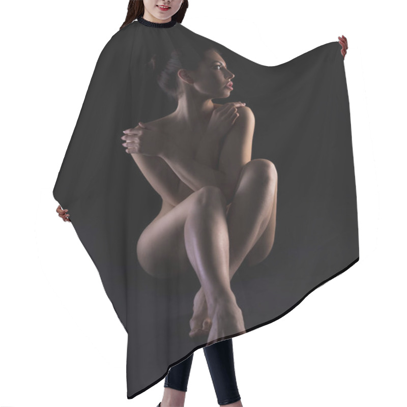 Personality  Young Naked Woman With Perfect Body On Dark Hair Cutting Cape