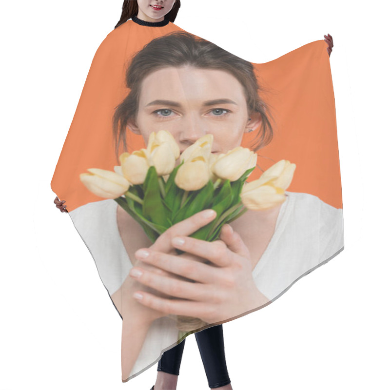 Personality  Bouquet Of Flowers, Everyday Fashion, Young Woman In White Sun Dress Holding Yellow Tulips And Standing On Orange Background, Lady In White, Vibrant Background, Fashion, Summer  Hair Cutting Cape