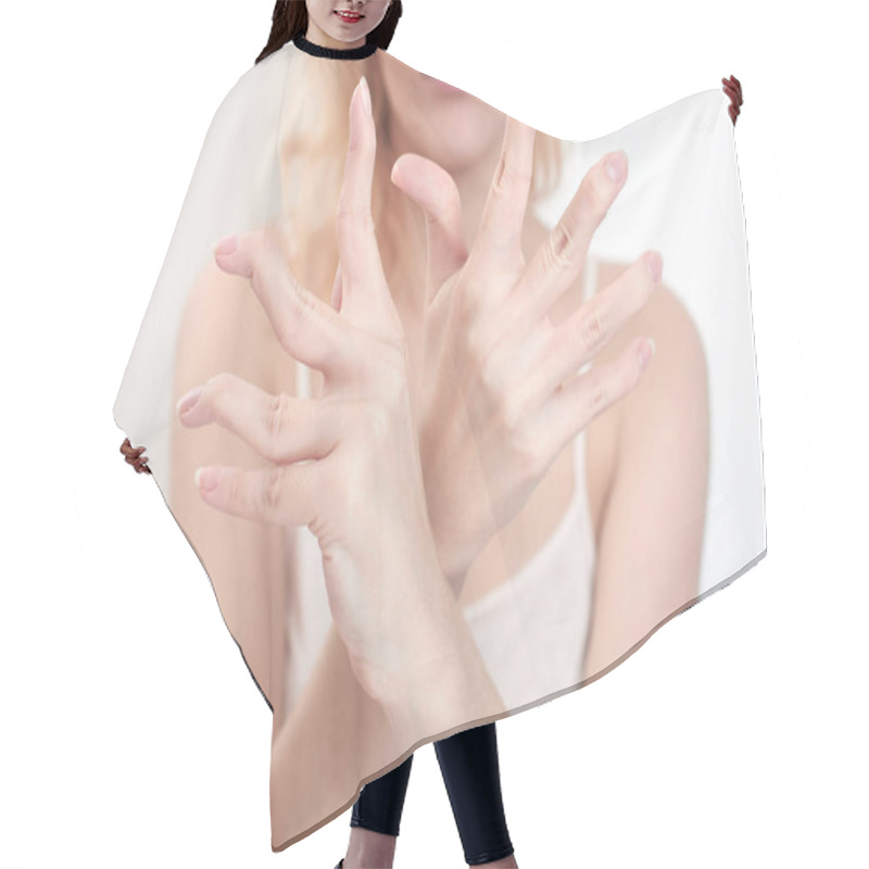 Personality  Woman Flexing The Fingers On White Background, Hypermobility Of Joints Hair Cutting Cape