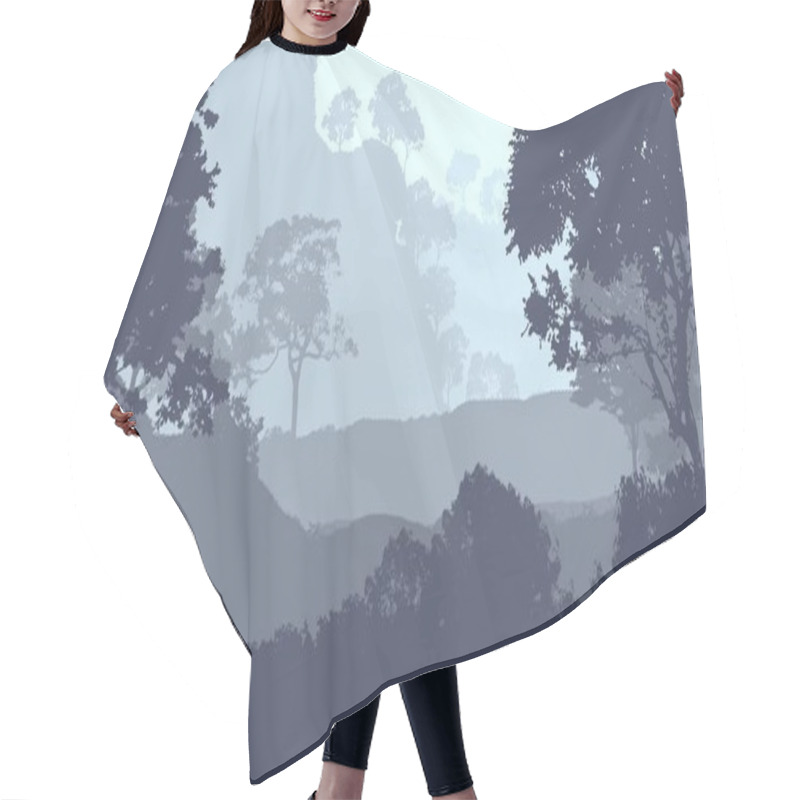 Personality  Abstract Background With Misty Mountains In Fog And Forest Haze. Hair Cutting Cape