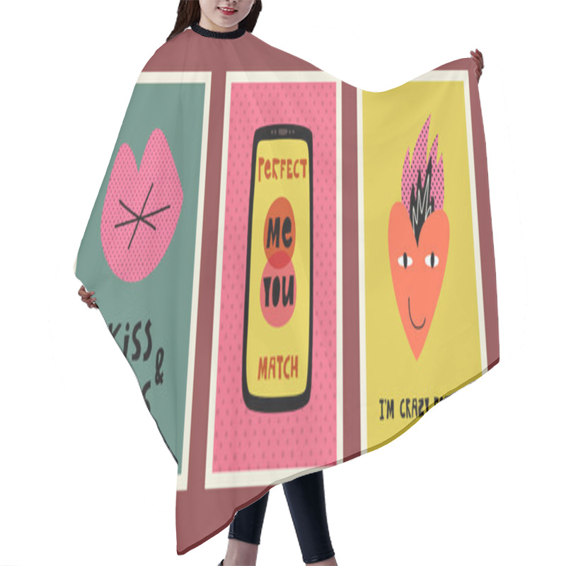 Personality  Valentines Day Funny Cards. Kiss And Hugs, Love Phone App And You And Me Is A Perfect Match Text, Im Crazy For You Hair Cutting Cape