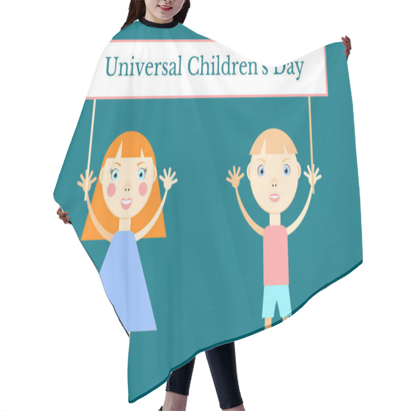 Personality  Universal Childrens Day. Concept Of A Social Holiday. Girl And Boy Holding A Banner With The Name Of The Event. Cartoon Style Hair Cutting Cape