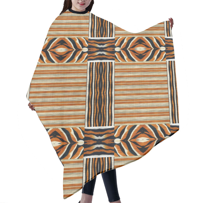 Personality  African Kente Cloth Patchwork Effect Pattern. Seamless Geometric Quilt Fabric All Over Background. Patched Boho Rug Safari Shirt Repetitive Tile Swatch Hair Cutting Cape