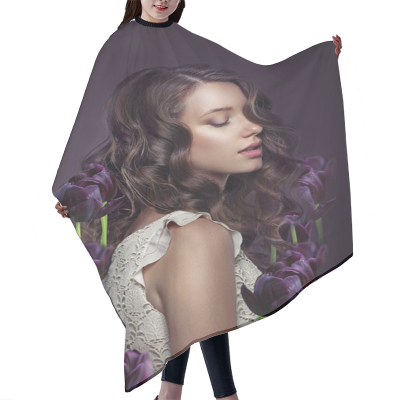 Personality  Fantasy. Portrait Of Young Woman With Violet Tulips Hair Cutting Cape