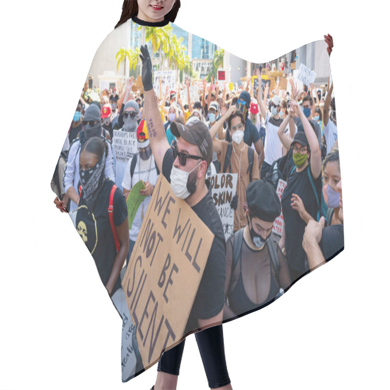 Personality  Miami Downtown, FL, USA - MAY 31, 2020: Black Lives Matter Protest In US. Many American People Went To Peaceful Protests In The US Against The George Floyd Death. Not Be Silent. Hair Cutting Cape