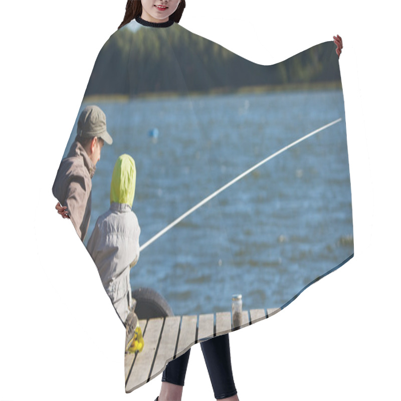 Personality  Father And Small Son Fishing Together On Lake Hair Cutting Cape