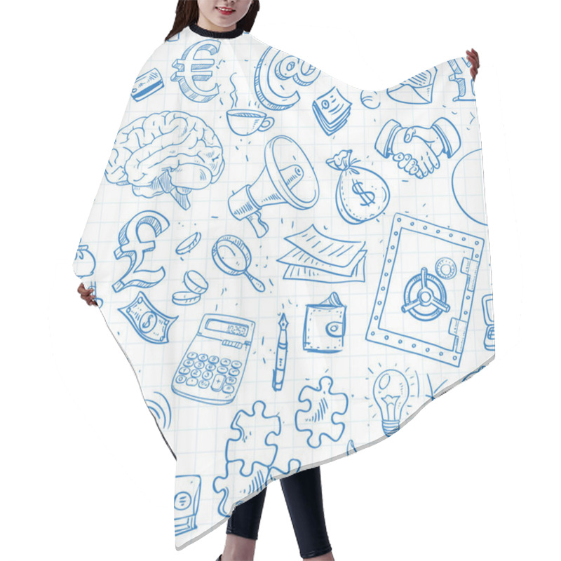 Personality  Seamless Pattern Of Blue Doodles On Business And Money Theme On Paper Of Cells Hair Cutting Cape