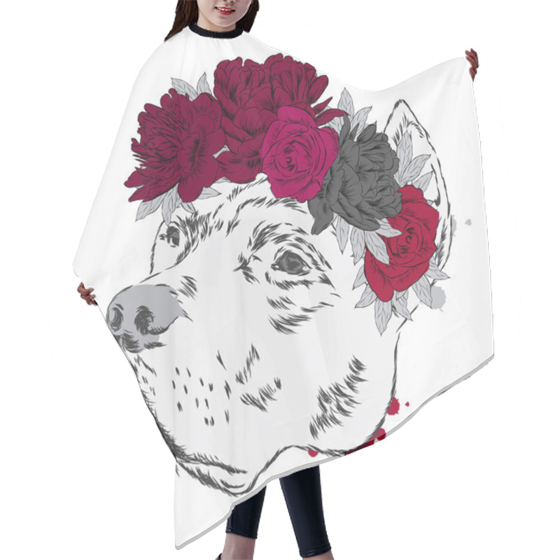 Personality  Pitbull In A Wreath Of Flowers. Dog Vector. Hair Cutting Cape