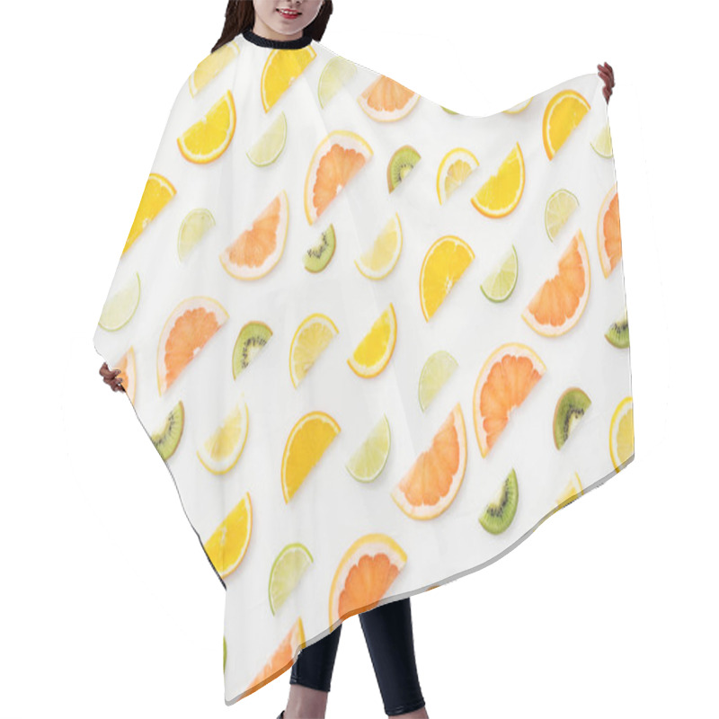 Personality  Flat Lay With Juicy Cut Fruits On White Surface Hair Cutting Cape