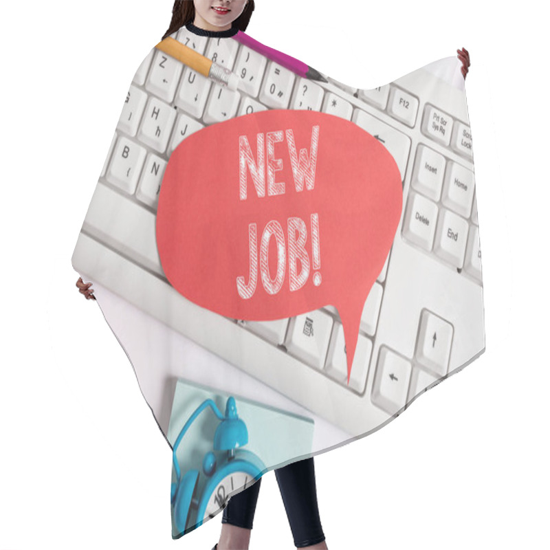 Personality  Handwriting Text New Job. Concept Meaning Recently Having Paid Position Of Regular Employment Empty Copy Space Red Note Paper Bubble Above Pc Keyboard For Text Message. Hair Cutting Cape