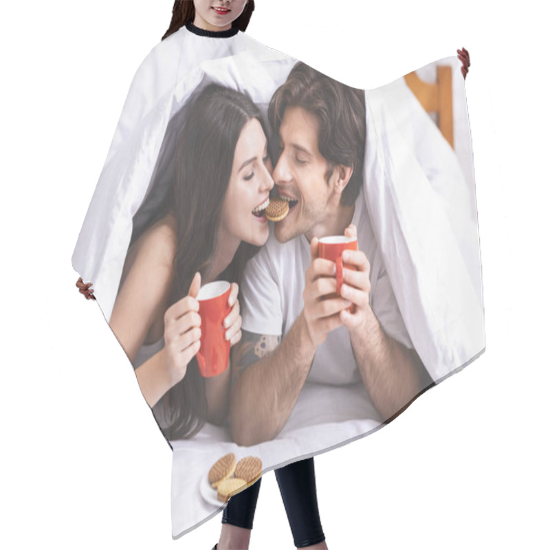 Personality  Cute Millennial Couple In Love Sharing Breakfast In Bed Hair Cutting Cape