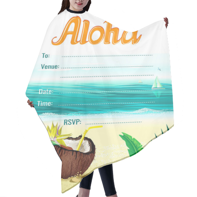 Personality  Aloha Hawaii. Creative Vector Design For Poster, Flyer, Presentation, Party Invitation Card Template With Coconut, Sea And The Beach,  Sailboats, Seagulls And Flowers Paradise Bird, Palm Leaves. Hair Cutting Cape