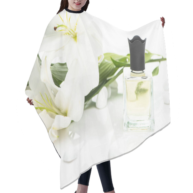 Personality  Home Perfume In Bottle Near Spa Stones And Lilies On White Background Hair Cutting Cape