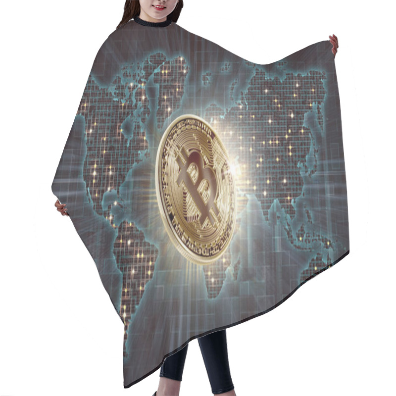 Personality  Gold Bitcoin And Digital World Map Background, Cryptocurrency Concept Hair Cutting Cape