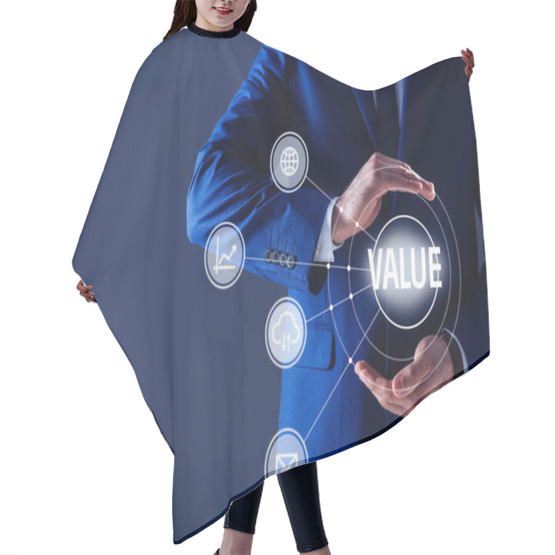 Personality  Businessman Demonstrating Directions Of Added Values On Blue Background, Closeup Hair Cutting Cape