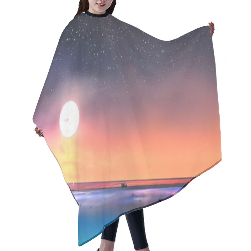 Personality  Starry Sky On Pink Sunset At Sea Summer Night  Moon Light , Sea Water Reflection Blue Nature Background Landscape  Hair Cutting Cape