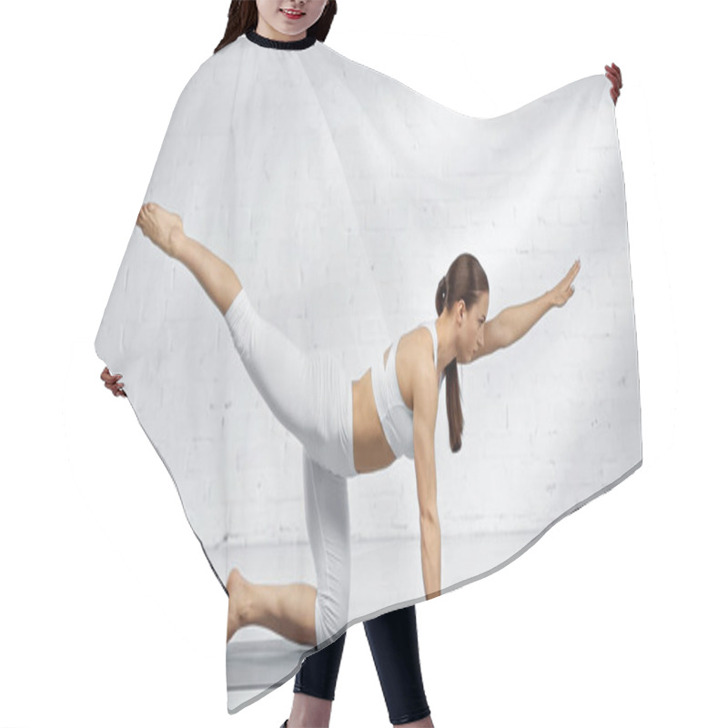 Personality  Side View Of Woman Doing Bird Dog Yoga Pose  Hair Cutting Cape