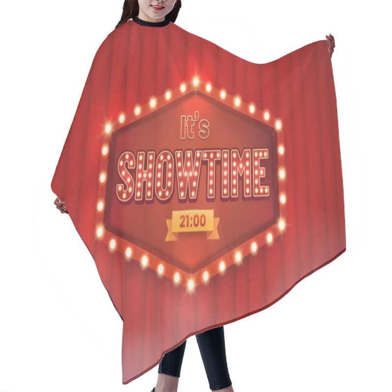 Personality  Shining Showtime Sign Against The Backdrop Of A Red Curtain. Signboard With Glowing Bulbs In Retro Style. Banner Design For Show, Concert Or Performance Announcement. Vector Illustration. Hair Cutting Cape