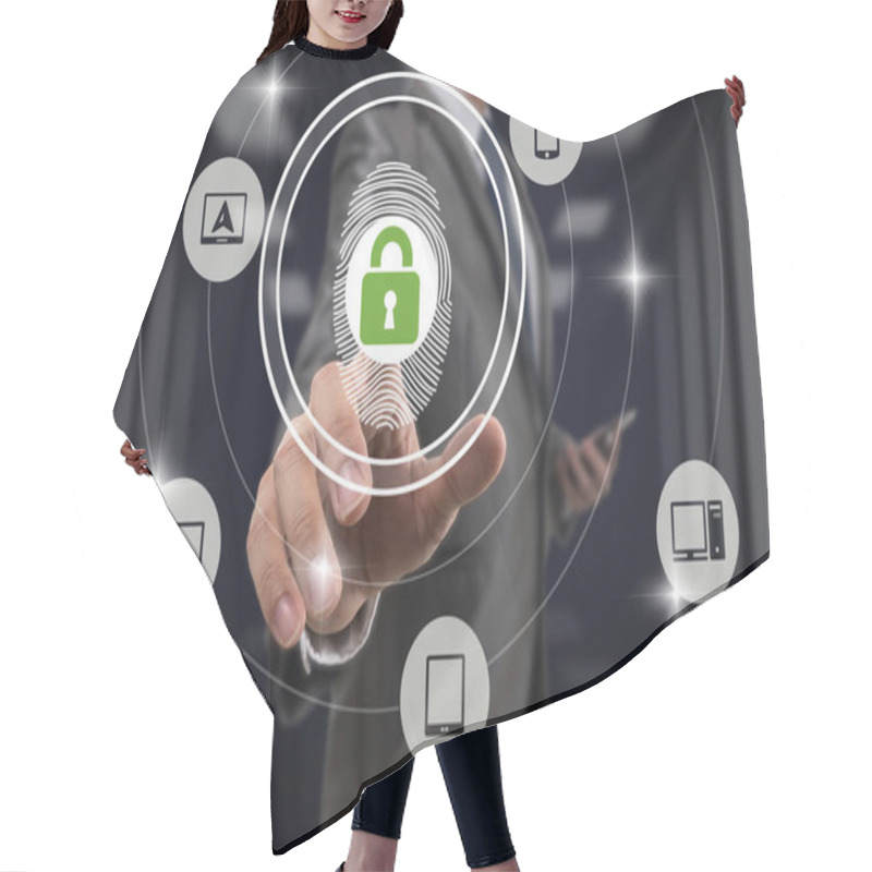 Personality  Businessman Fingerprint Scan And Pressing Technology Lock Security For Unlock All Information Technology Device Over Blurred Data Center Server Room Background Hair Cutting Cape