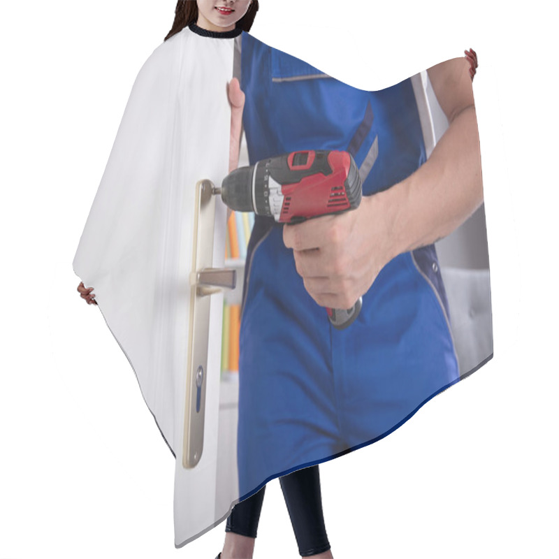 Personality  Midsection View Of A Man's Hand Installing Door Knob With Wireless Screwdriver Hair Cutting Cape