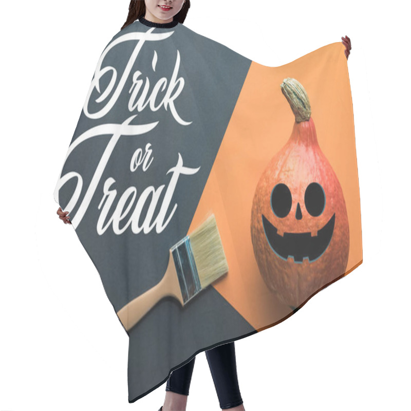 Personality  Top View Of Halloween Pumpkin Near Paintbrush On Black And Orange Background With Trick Or Treat Lettering Hair Cutting Cape