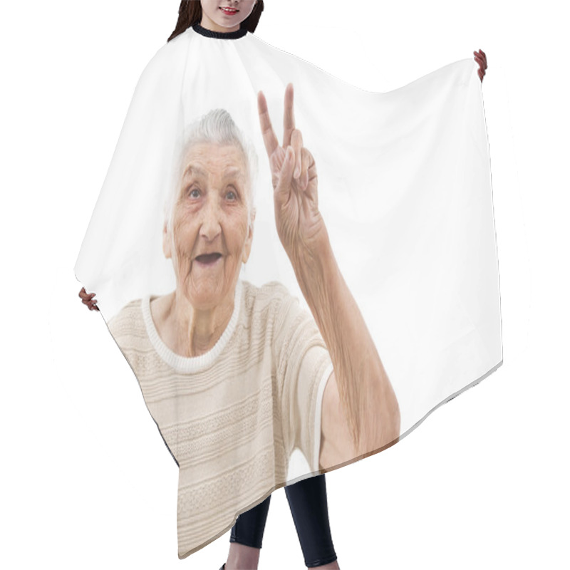 Personality  Grandma Shows Peace Hair Cutting Cape