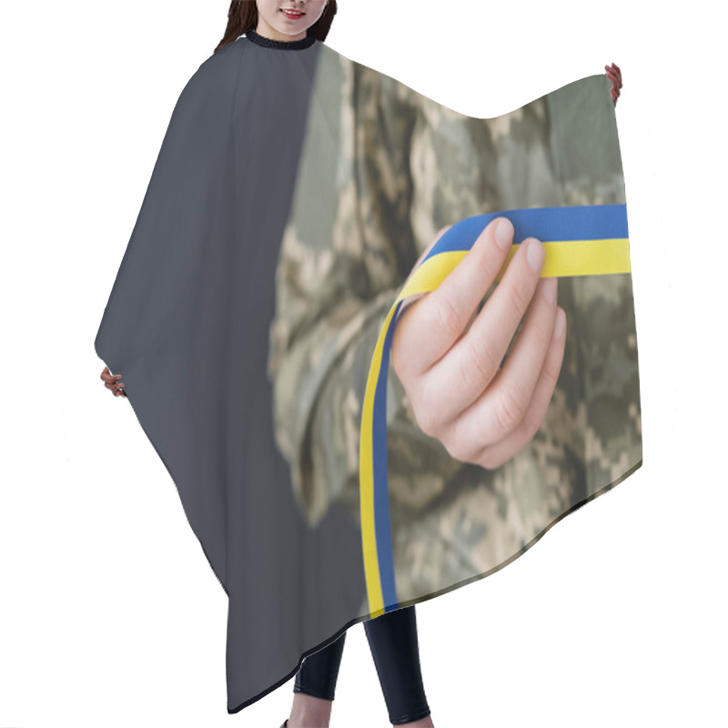 Personality  Partial View Of Woman In Military Uniform Holding Blue And Yellow Ribbon Isolated On Black Hair Cutting Cape