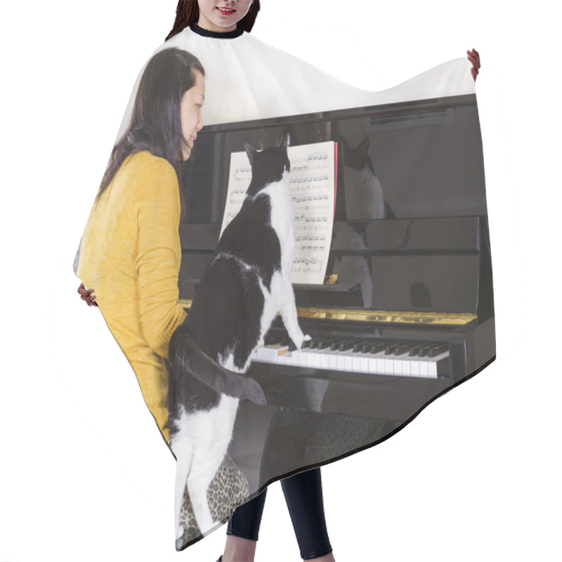 Personality  Mature Woman Playing Piano With Her Family Cat Hair Cutting Cape