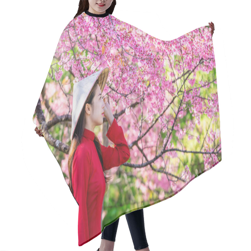 Personality  Woman Wearing Vietnam Culture Traditional In Cherry Blossom Park. Hair Cutting Cape