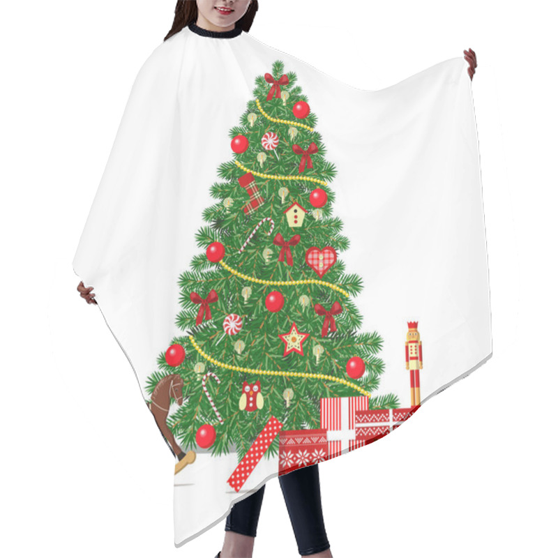 Personality  Beautiful Decorated Xmas Tree Isolated. Christmas Hair Cutting Cape