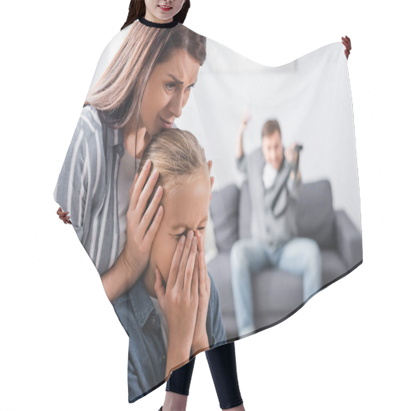 Personality  Scared Woman Covering Ears To Daughter Near Abusive Husband On Blurred Background At Home  Hair Cutting Cape