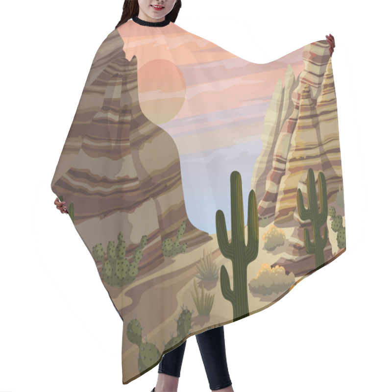 Personality  Desert Landscape With Cactuses And Mountains. Sunset Or Sunrise Scenery Background. Vector Illustration. Hair Cutting Cape