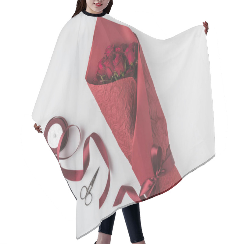 Personality  Flat Lay With Bouquet Of Roses, Ribbon And Envelope Isolated On White, St Valentines Day Holiday Concept Hair Cutting Cape