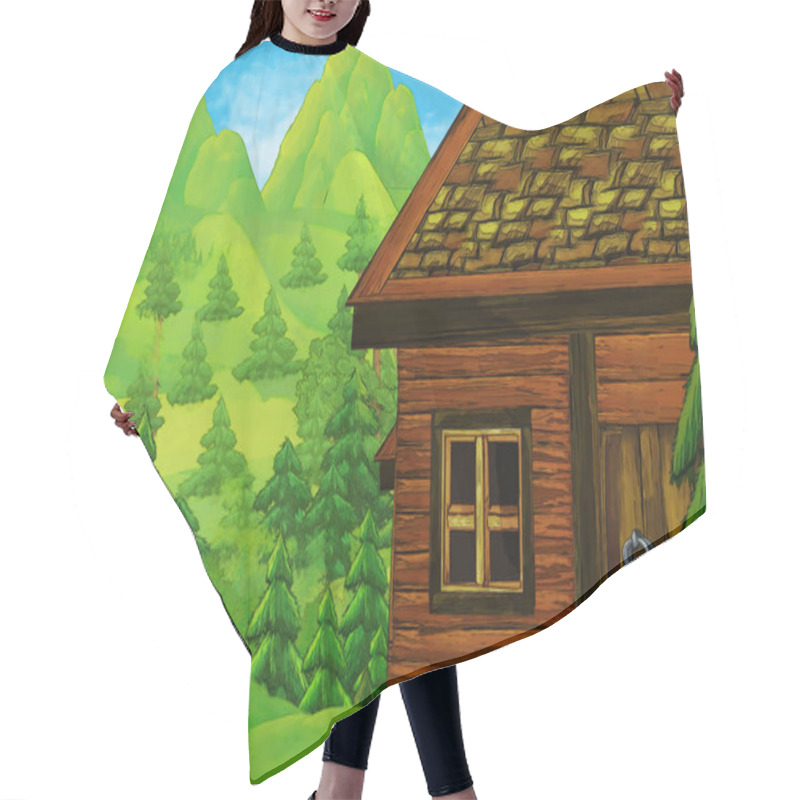 Personality  Cartoon Scene With Wooden House On Some Meadow And Nobody On The Stage - Illustration For Children Hair Cutting Cape