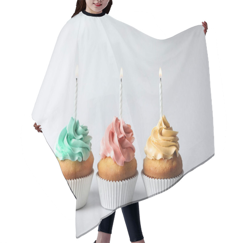 Personality  Delicious Birthday Cupcakes With Candles On Gray Background Hair Cutting Cape