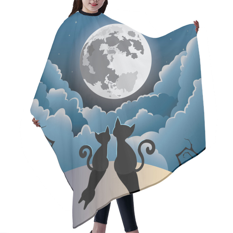 Personality  Silhouette Of Two Cute Kitty Cat Under The Full Moon Hair Cutting Cape