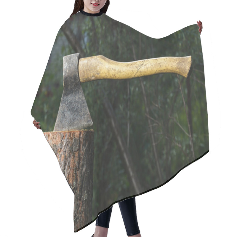 Personality  Axe On The Stump.  Hair Cutting Cape