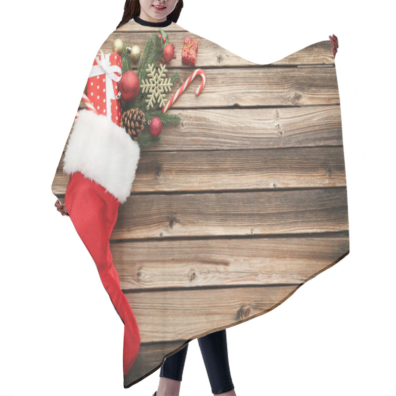 Personality  Red Stocking With Fir-tree Branches And Christmas Decorations On Wooden Table Hair Cutting Cape