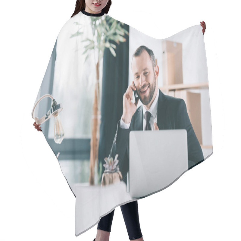 Personality  Businessman Talking By Phone Hair Cutting Cape