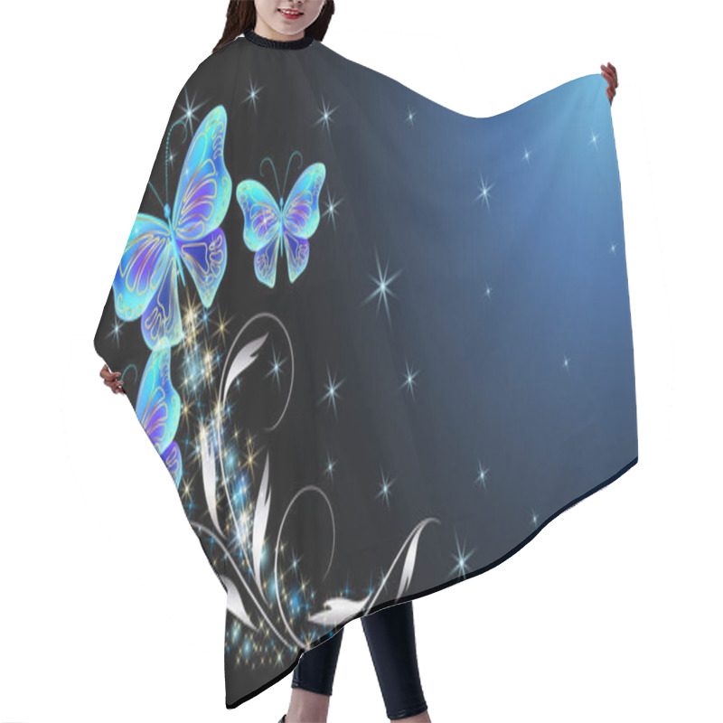 Personality  Fairytale Night Sky With Magical Blue Transparent Butterflies And Floral Ornament And Stars. Fantasy Sparkle Background. Hair Cutting Cape